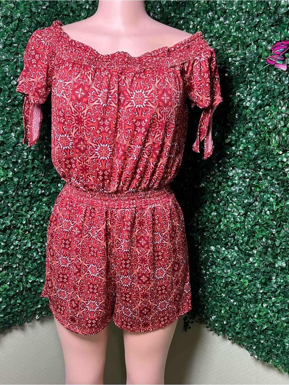 Stella Tweed Red Floral Off-Shoulder Romper